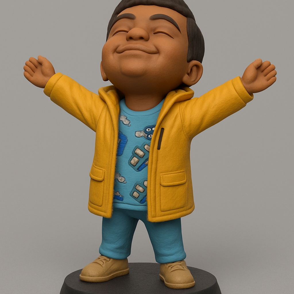 silhouette 3d printer maker-3d portrait printing_Joyful Kid Figure in Yellow Raincoat