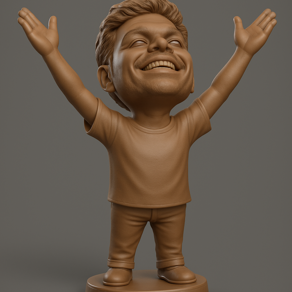 face to 3d model ai-3D portrait printing from photo_Victorious Vibe: Uplifting Happy Man Desk Buddy