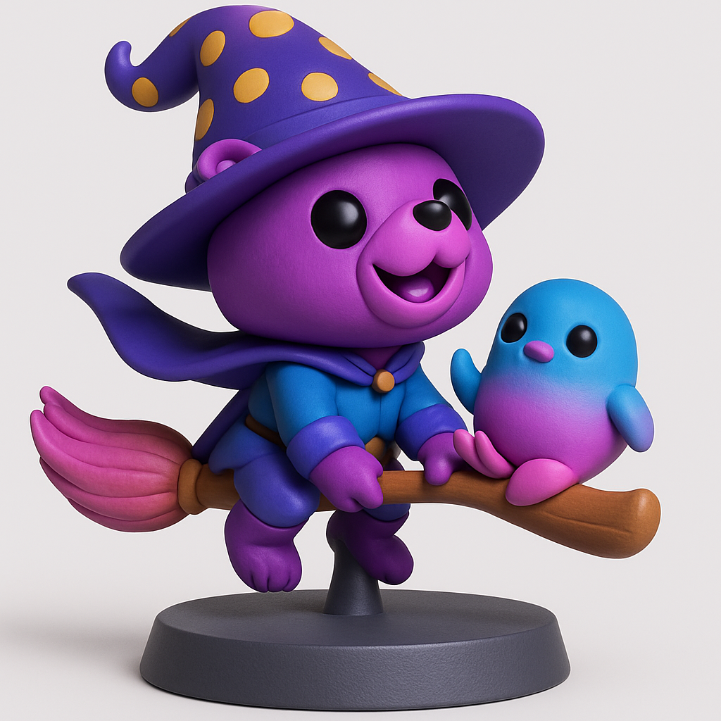 face to 3d model ai-3D portrait printing from photo_Whimsical Witch Bear & Bird Duo Fir Magical Decor