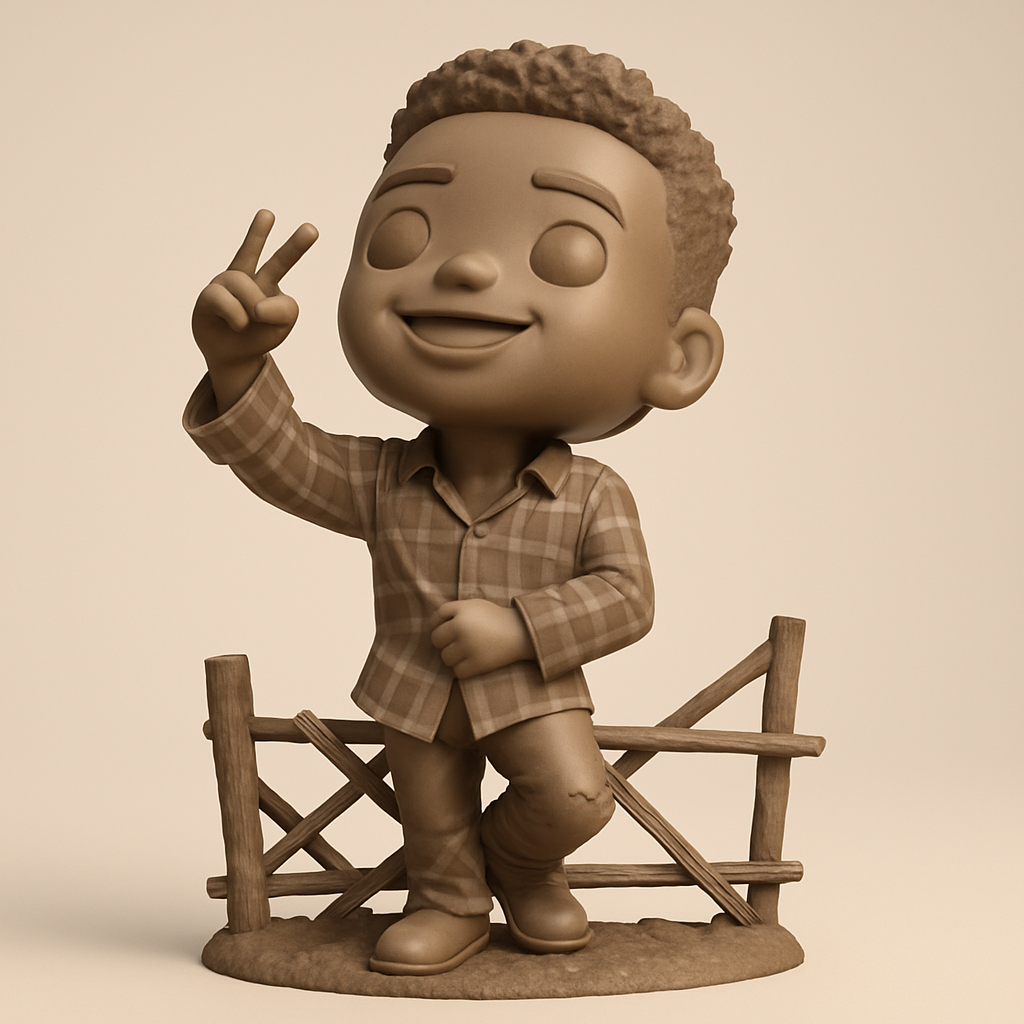 face to 3d model ai-3D portrait printing from photo_Joyful Farm Kid Figurine with Peace Gesture