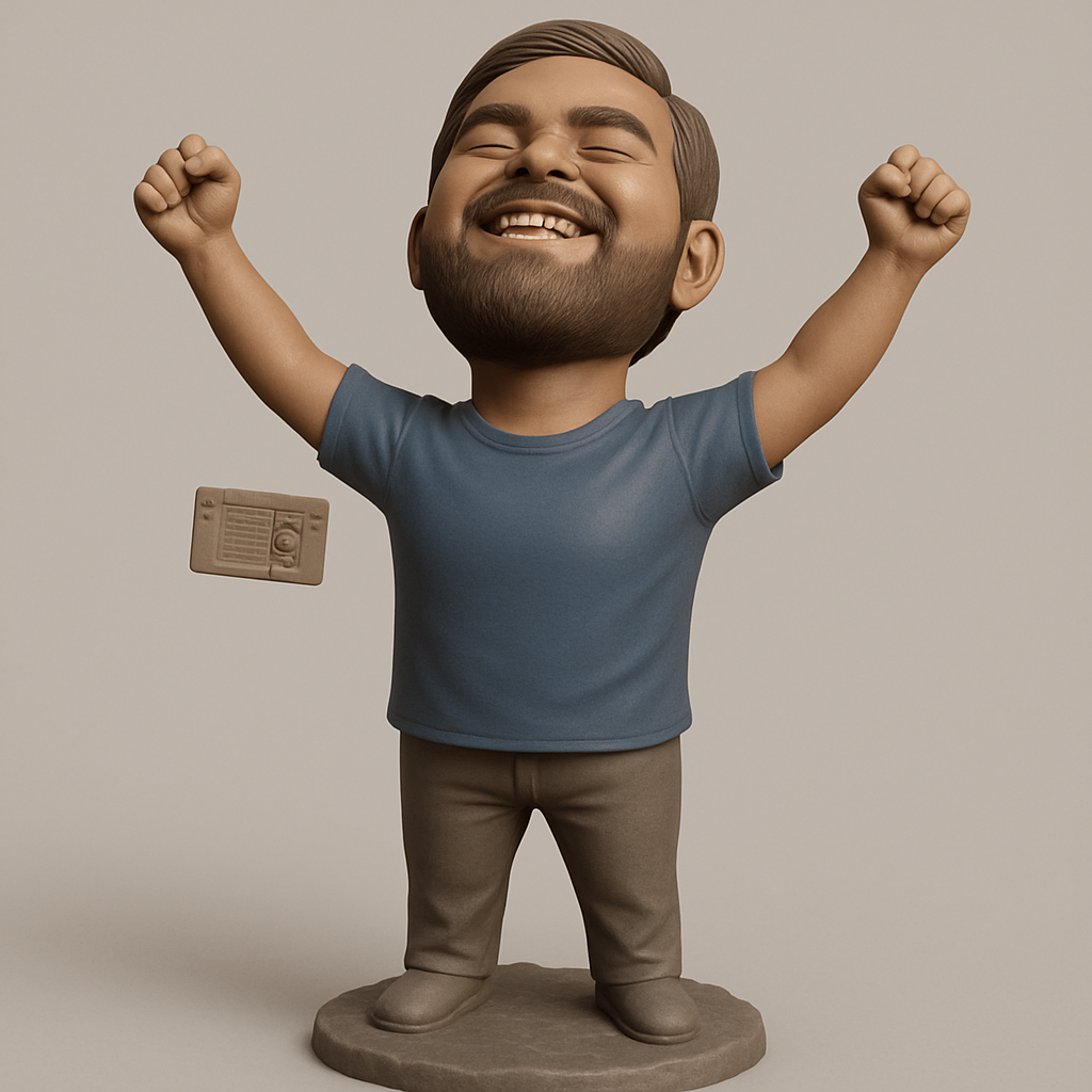 face to 3d model ai-3D portrait printing from photo_Victory Pose Bobblehead with Retro Cassette Player