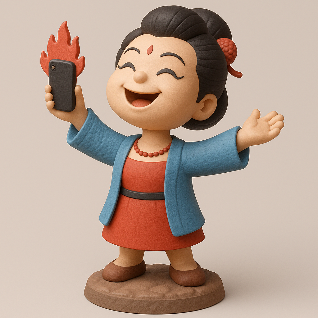 silhouette 3d printer maker-3d portrait printing_Cheerful Character with Phone and Flames