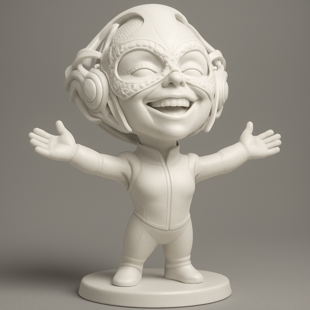 silhouette 3d printer maker-3d portrait printing_Smiling Masked Heroine with Headphones - Pure Joy!