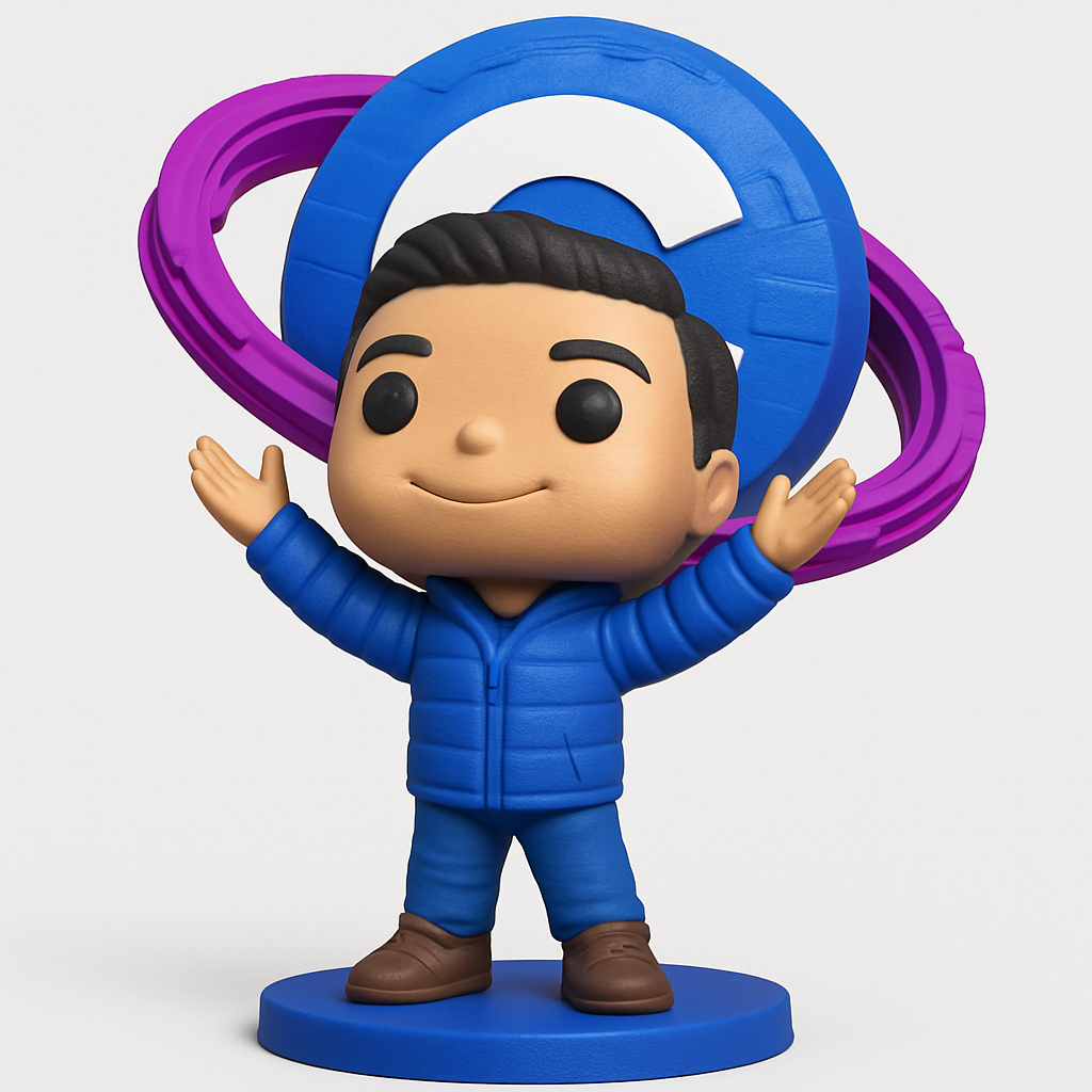 face to 3d model ai-3D portrait printing from photo_Enthusiastic Funko-Style Mascot with Interlocking Rings