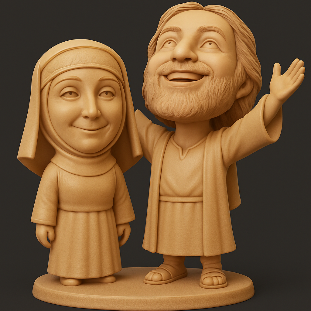 face anatomy 3d model-create 3d face model from photo_Joyful Faith Duo: Smiling Jesus & Nun 3D Caricature