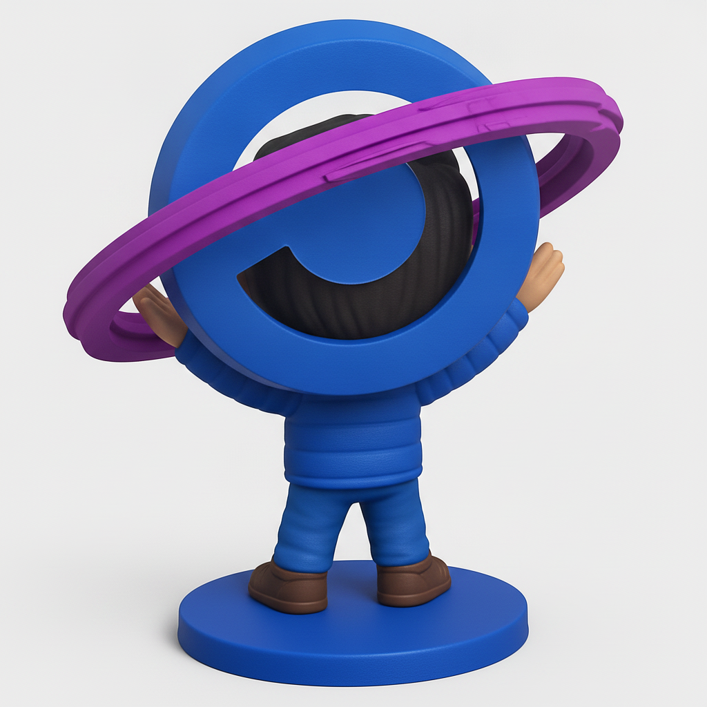 face to 3d model ai-3D portrait printing from photo_Enthusiastic Funko-Style Mascot with Interlocking Rings