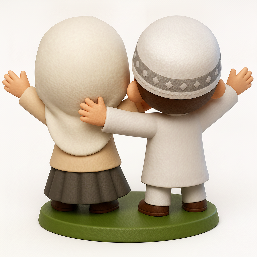 face to 3d model ai-3D portrait printing from photo_Joyful Muslim Kids Hug Figurine - Perfect for Eid Décor