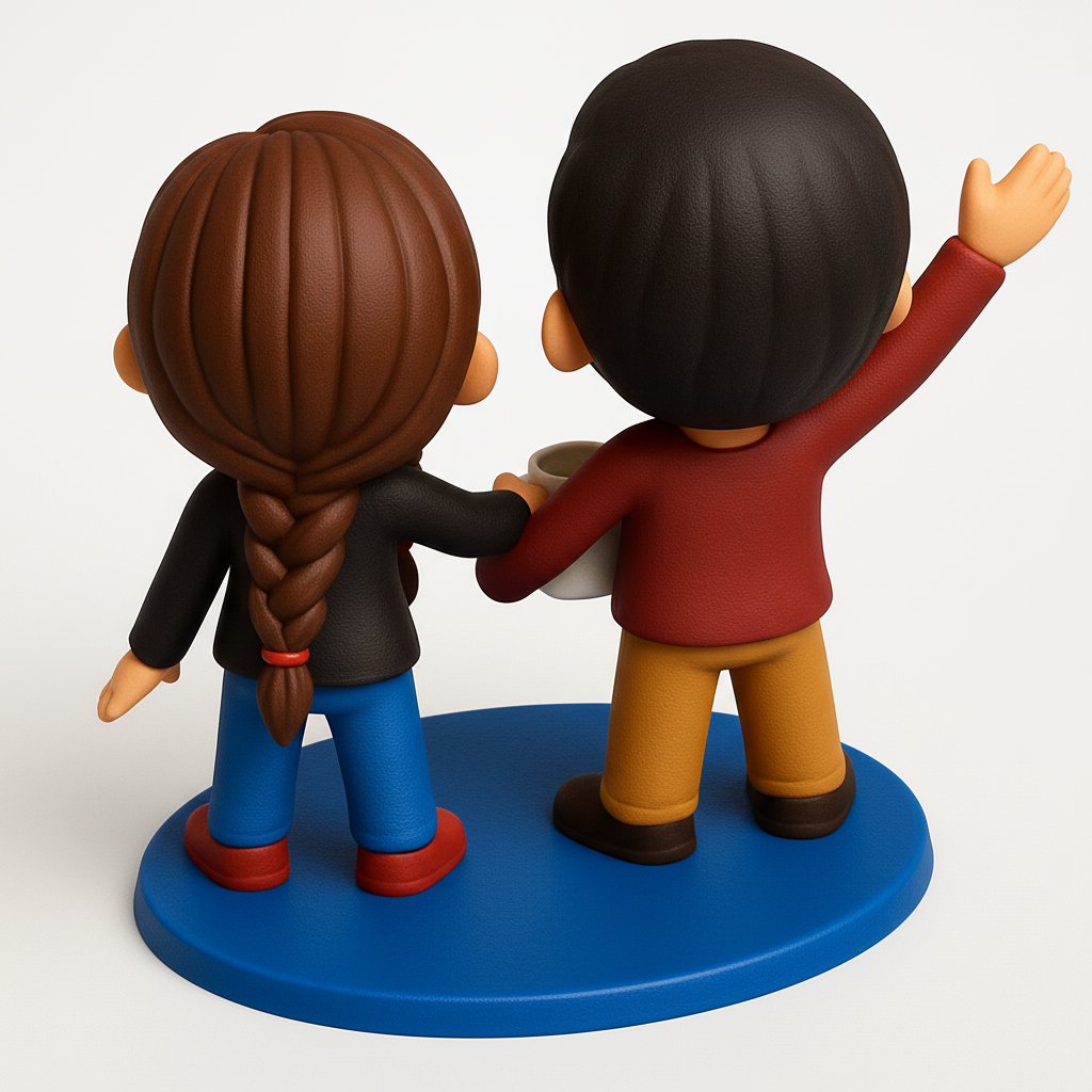 face to 3d model ai-3D portrait printing from photo_Adorable Clay-Style Couple: Waving & Kissing Figurine