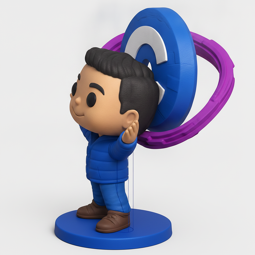 face to 3d model ai-3D portrait printing from photo_Enthusiastic Funko-Style Mascot with Interlocking Rings