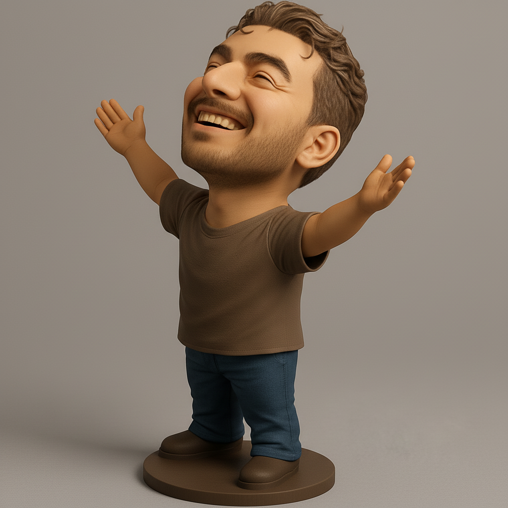 face to 3d model ai-3D portrait printing from photo_Happy Man Bobblehead: Embrace Joy with Open Arms!