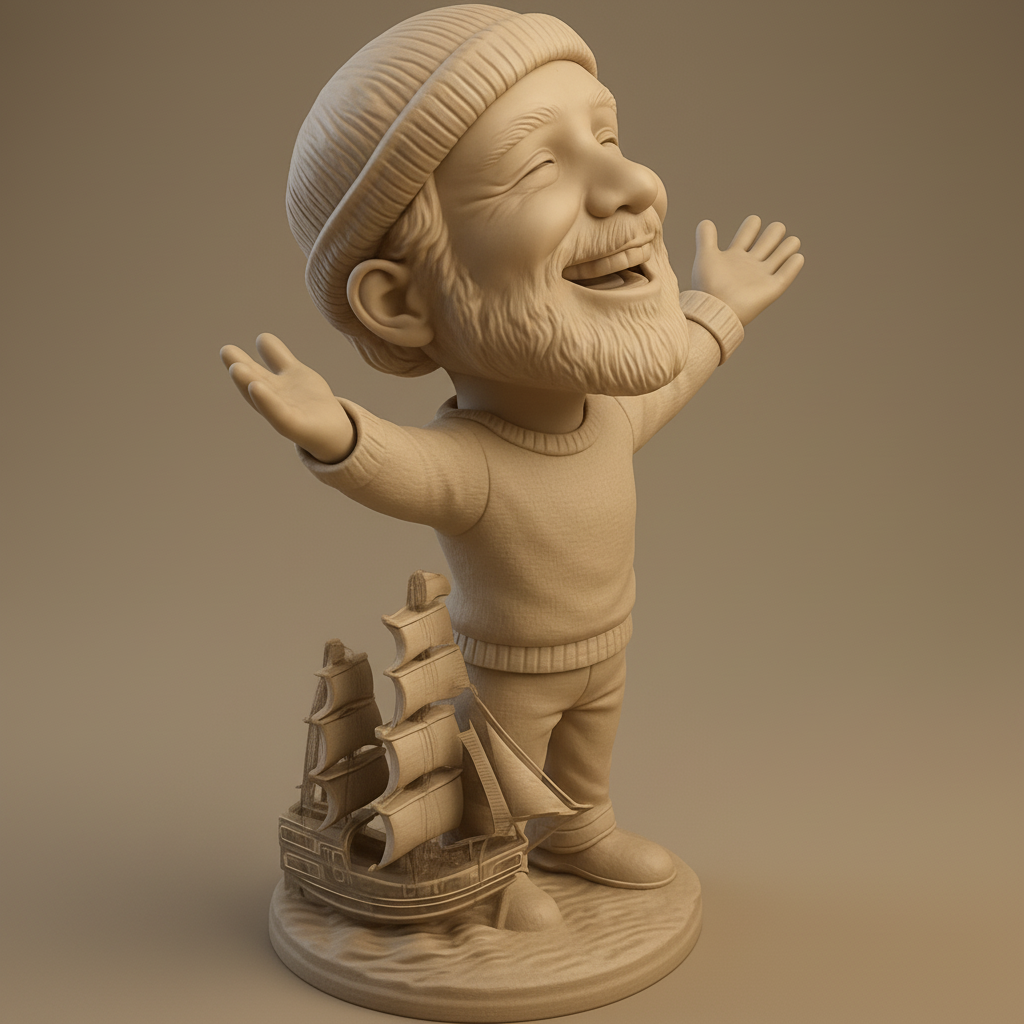silhouette 3d printer maker-3d portrait printing_Joyful Bearded Seafarer with Ship: Nautical Decor