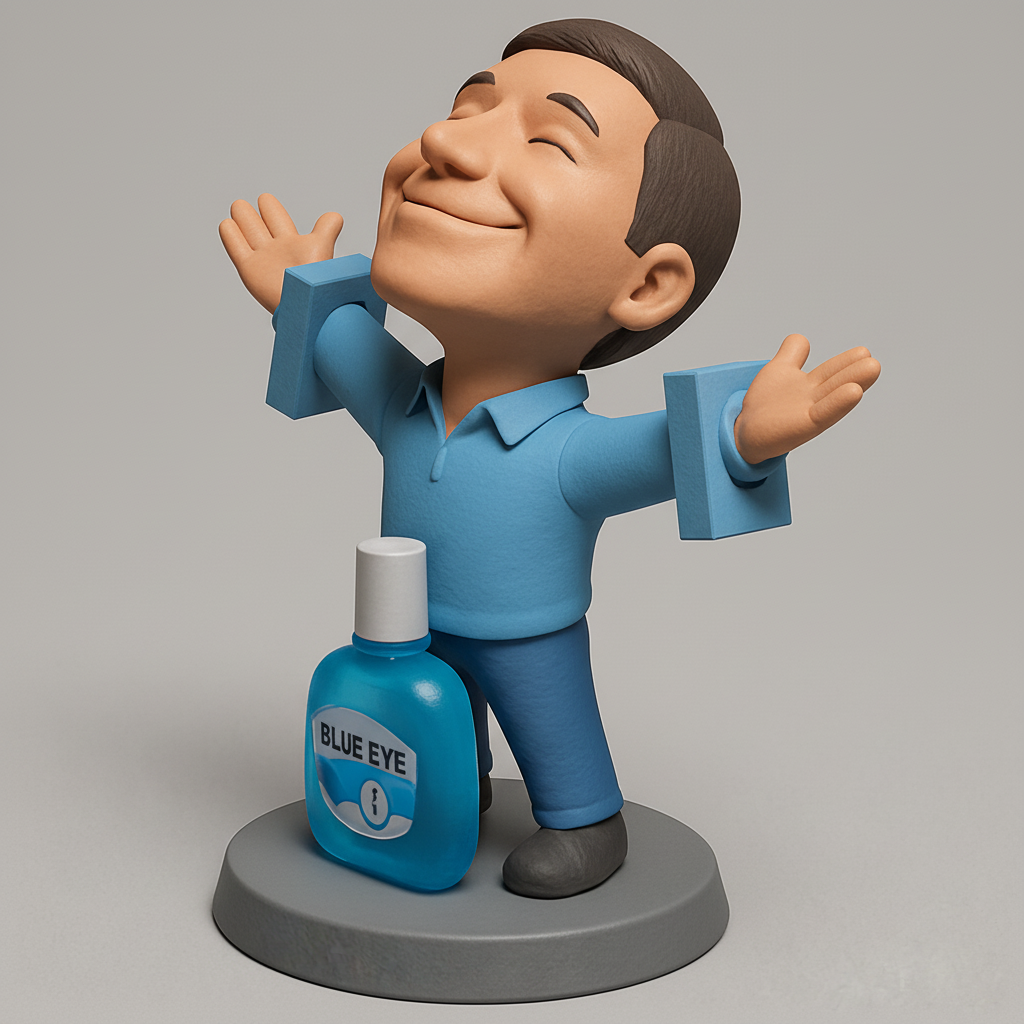 silhouette 3d printer maker-3d portrait printing_Blue Eye Joy: Happy Man & Eye Drop Display Figurine