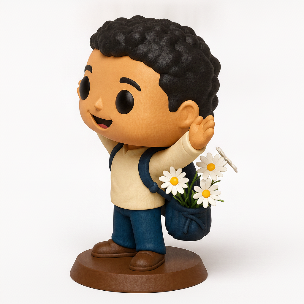 face to 3d model ai-3D portrait printing from photo_Cheerful Student Pop Figurine with Flower Backpack