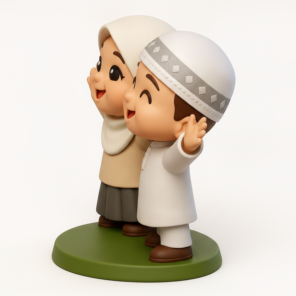 face to 3d model ai-3D portrait printing from photo_Joyful Muslim Kids Hug Figurine - Perfect for Eid Décor