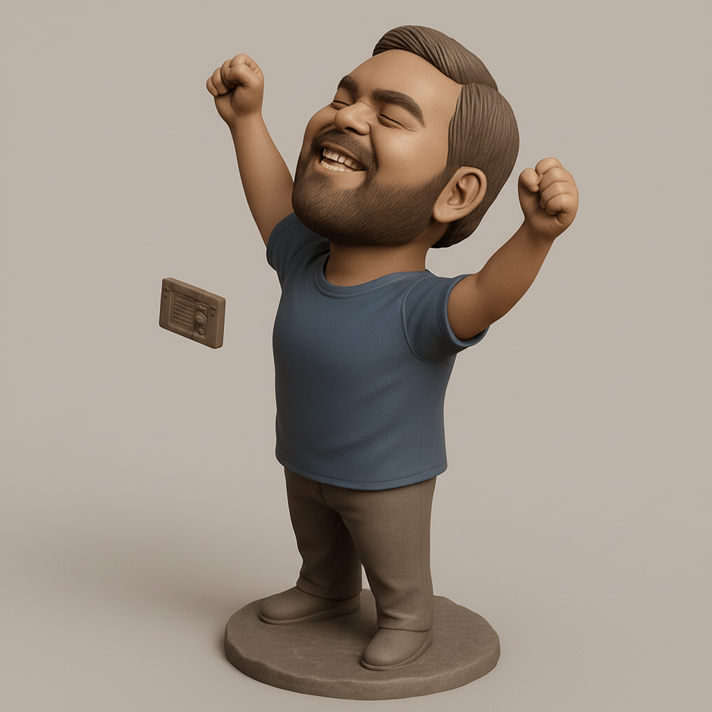 face to 3d model ai-3D portrait printing from photo_Victory Pose Bobblehead with Retro Cassette Player