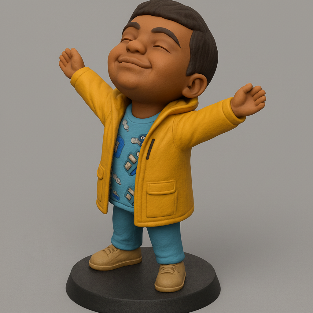 silhouette 3d printer maker-3d portrait printing_Joyful Kid Figure in Yellow Raincoat