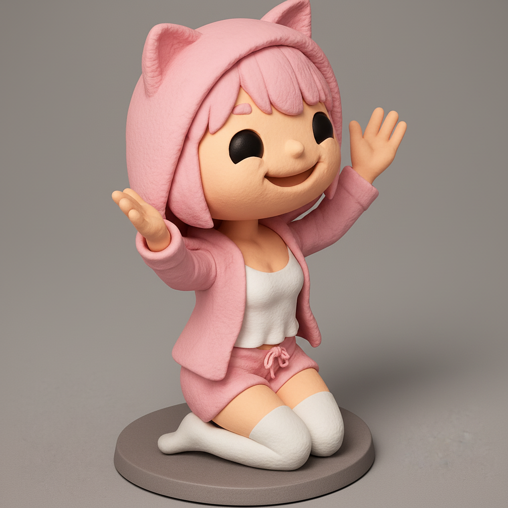 face anatomy 3d model-create 3d face model from photo_Joyful Kitty Hoodie Girl Figurine for 3D Print