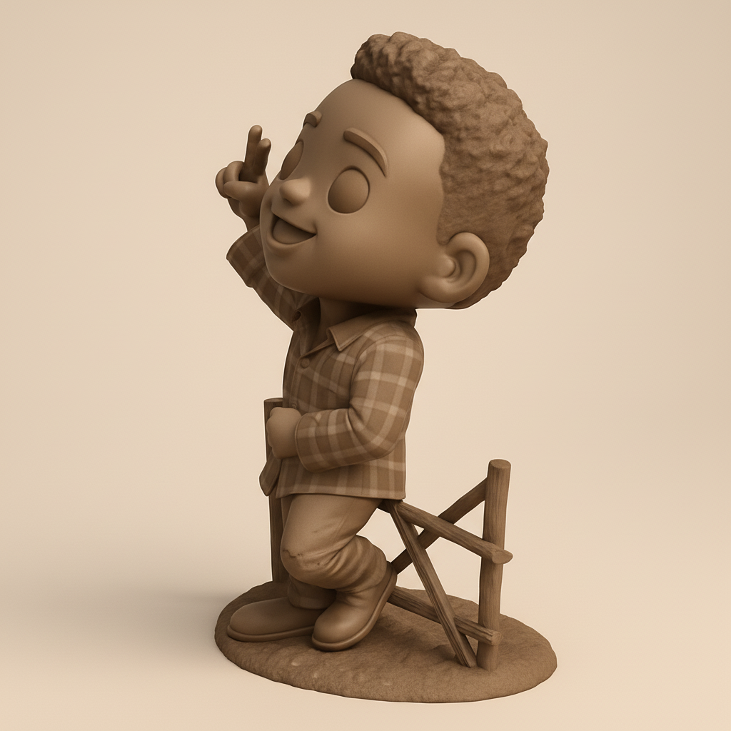 face to 3d model ai-3D portrait printing from photo_Joyful Farm Kid Figurine with Peace Gesture