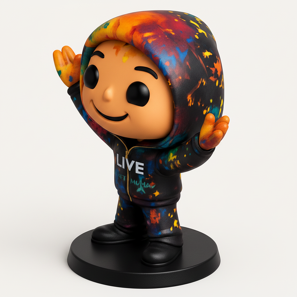 face to 3d model ai-3D portrait printing from photo_Funko-Style Art Enthusiast Figurine - Paint Splatter Hoodie
