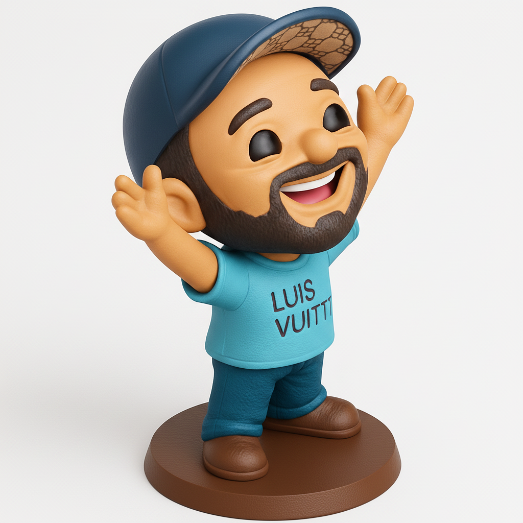 face to 3d model ai-3D portrait printing from photo_Cheerful Luis Vuittt Fan Figurine - Your Happy Desk Buddy