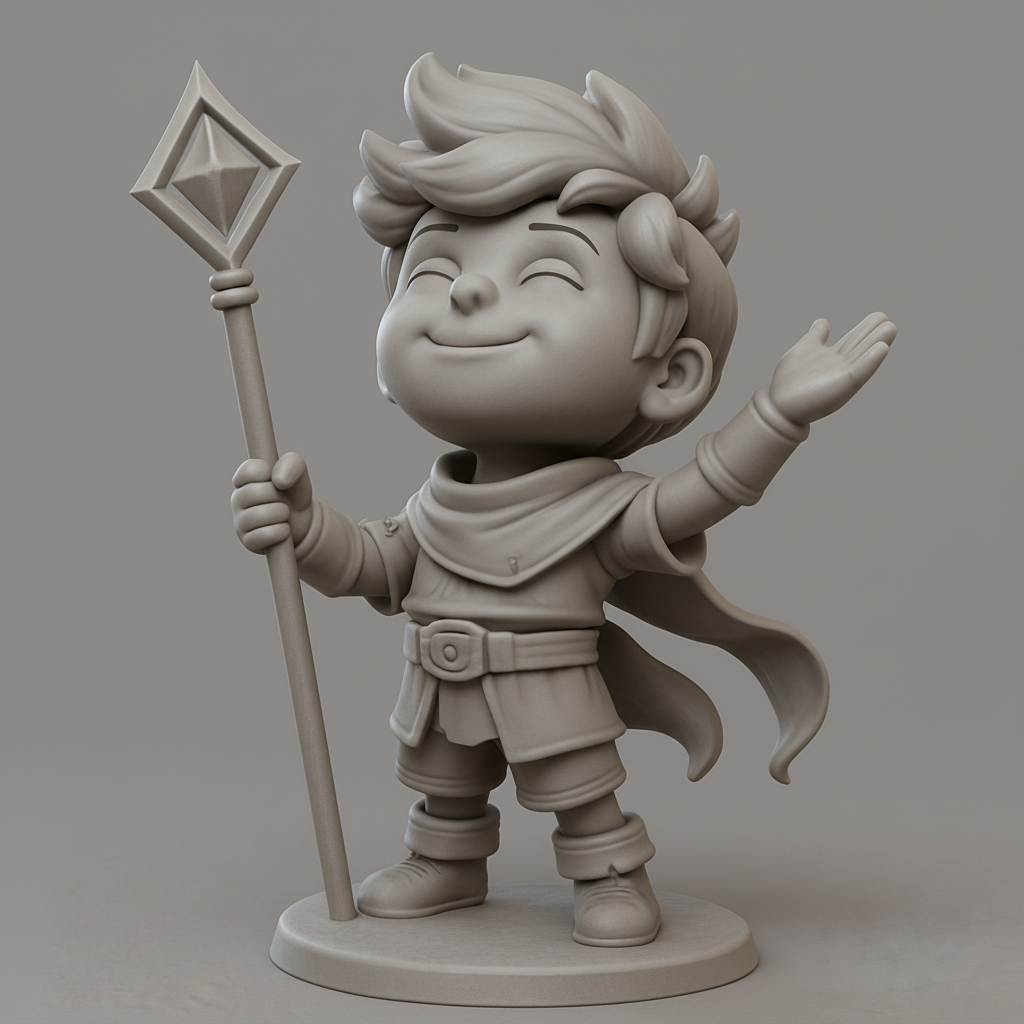 face to 3d model ai-3D portrait printing from photo_Charming Sorcerer Kid with Staff 3D Print