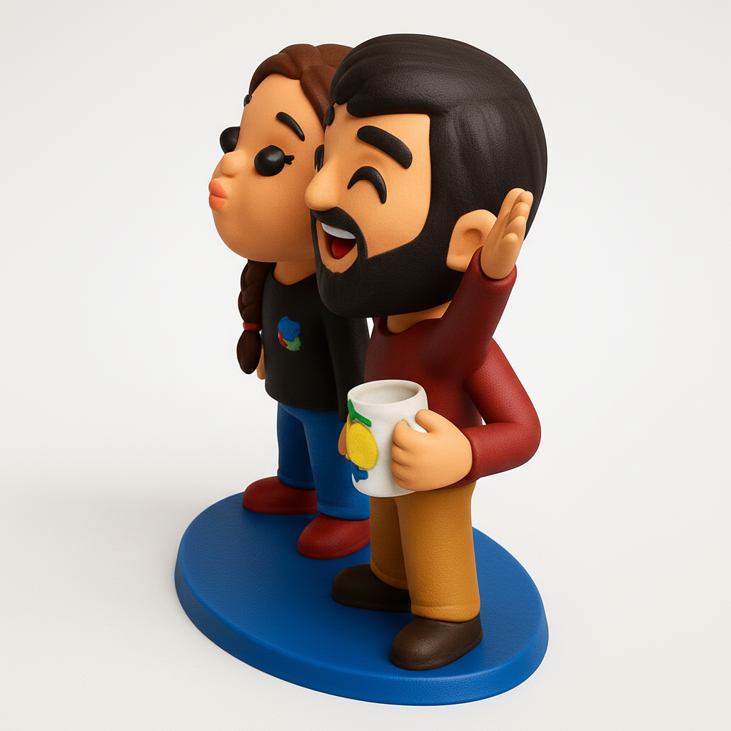 face to 3d model ai-3D portrait printing from photo_Adorable Clay-Style Couple: Waving & Kissing Figurine