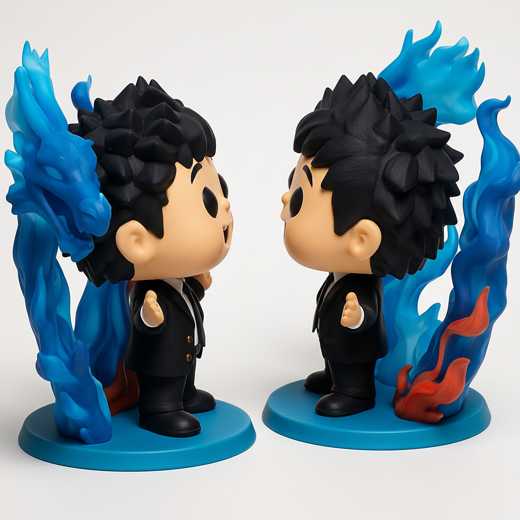 face to 3d model ai-3D portrait printing from photo_Dynamic Funko Pop Style Figure: Suit Guy & Dragon Flame