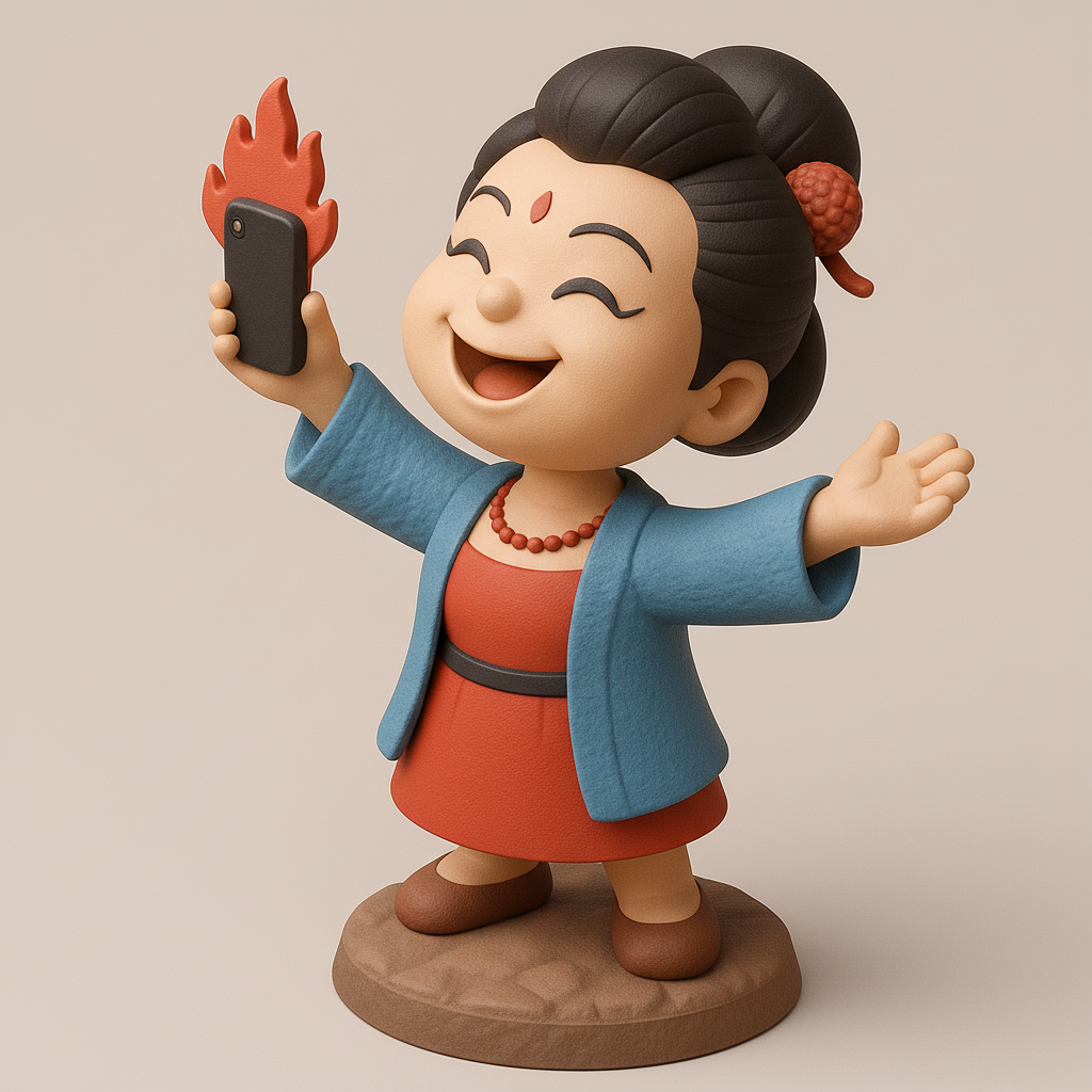 silhouette 3d printer maker-3d portrait printing_Cheerful Character with Phone and Flames