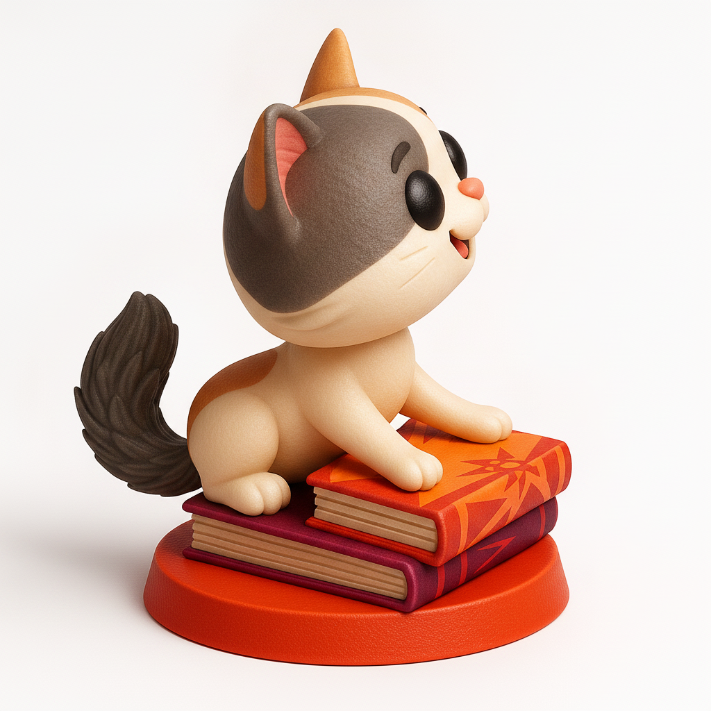 face to 3d model ai-3D portrait printing from photo_Smiling Study Buddy Cat on Books Figurine