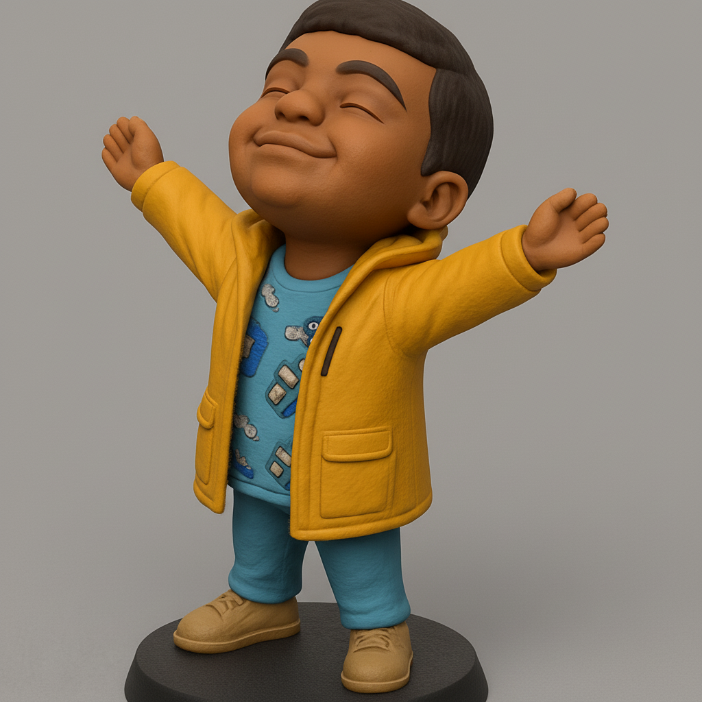 silhouette 3d printer maker-3d portrait printing_Joyful Kid Figure in Yellow Raincoat