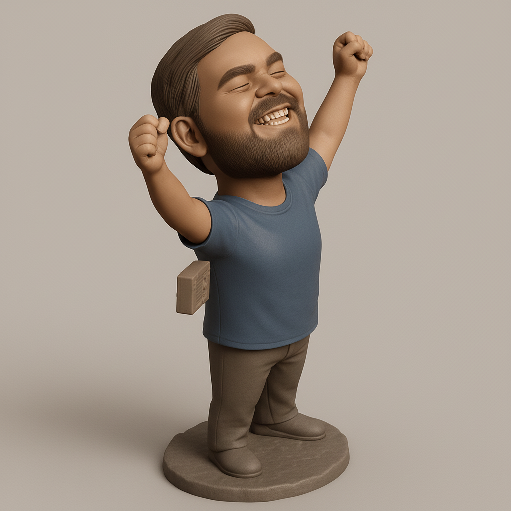 face to 3d model ai-3D portrait printing from photo_Victory Pose Bobblehead with Retro Cassette Player