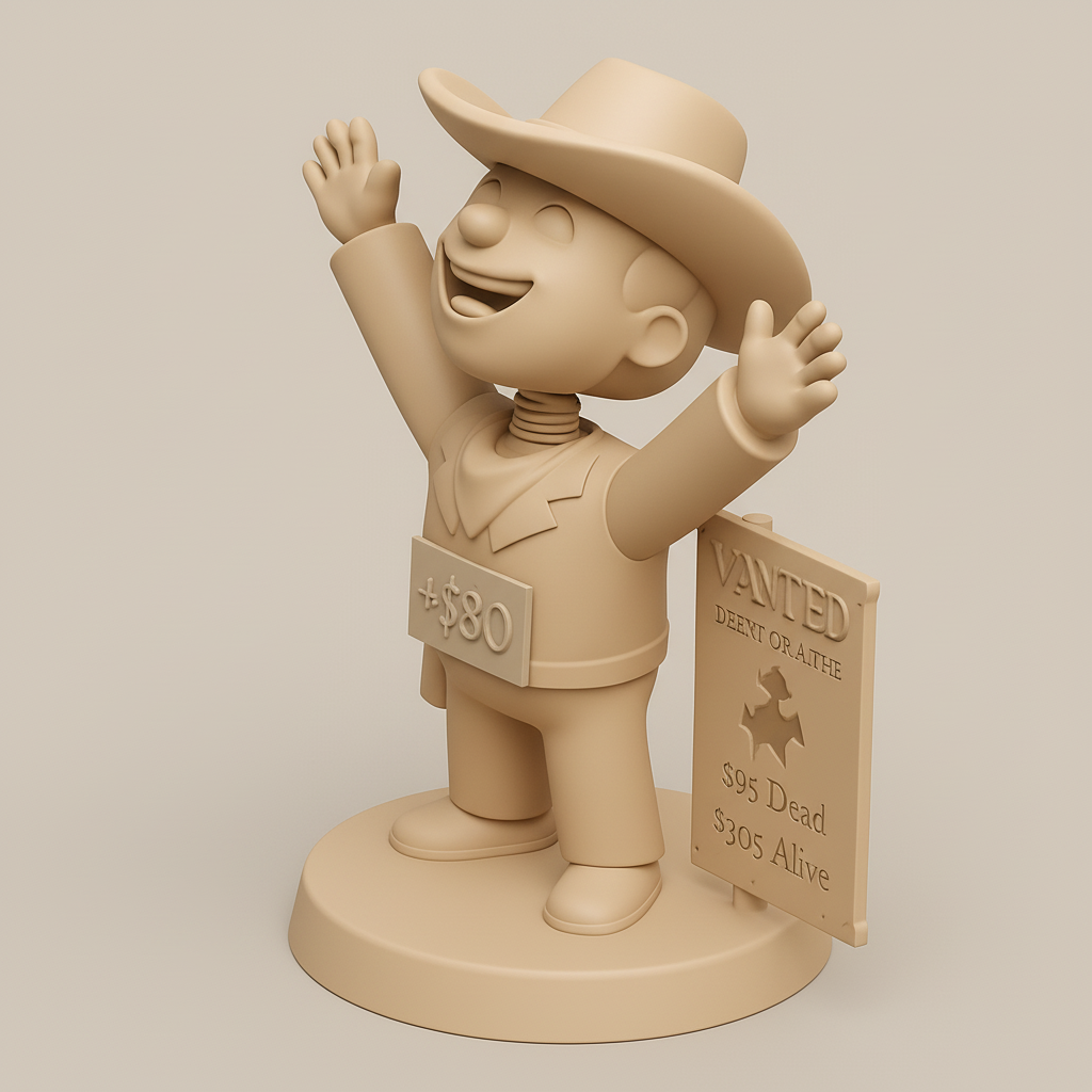 silhouette 3d printer maker-3d portrait printing_Happy Bounty Hunter: Wanted Cowboy Figure $305 Alive!