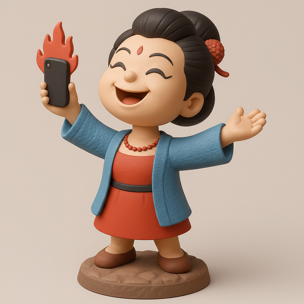 silhouette 3d printer maker-3d portrait printing_Cheerful Character with Phone and Flames