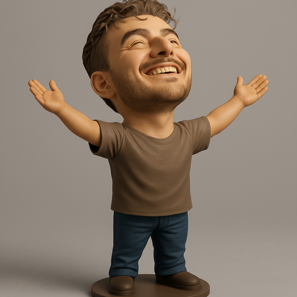 face to 3d model ai-3D portrait printing from photo_Happy Man Bobblehead: Embrace Joy with Open Arms!