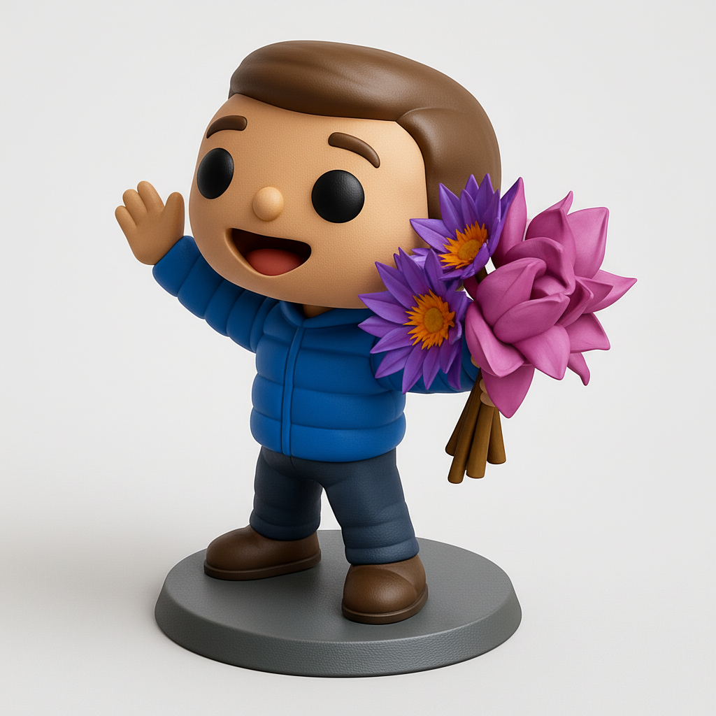 face anatomy 3d model-create 3d face model from photo_Joyful Waving Boy with Lotus Bouquet - Express Happiness!