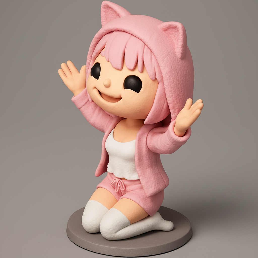 face anatomy 3d model-create 3d face model from photo_Joyful Kitty Hoodie Girl Figurine for 3D Print