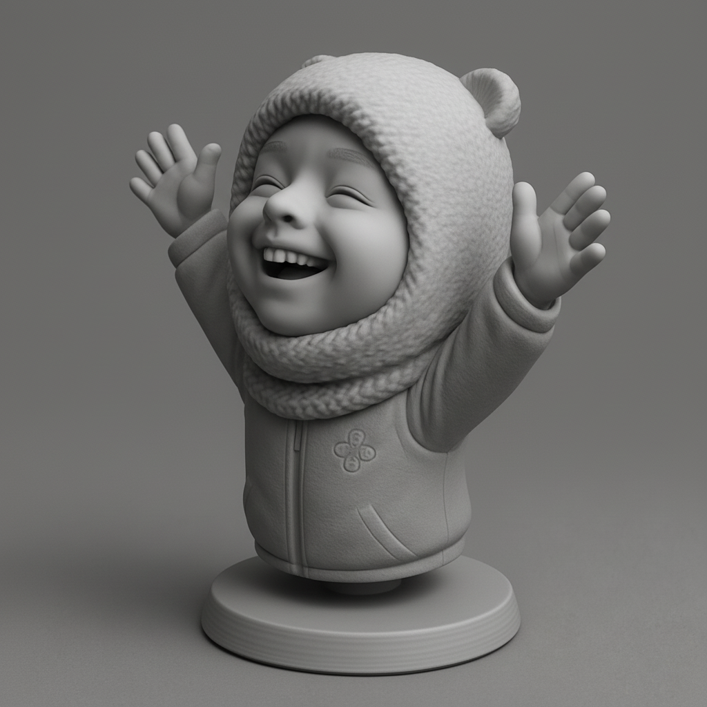 face to 3d model ai-3D portrait printing from photo_Pure Joy! Laughing Child Bust with Bear Hat