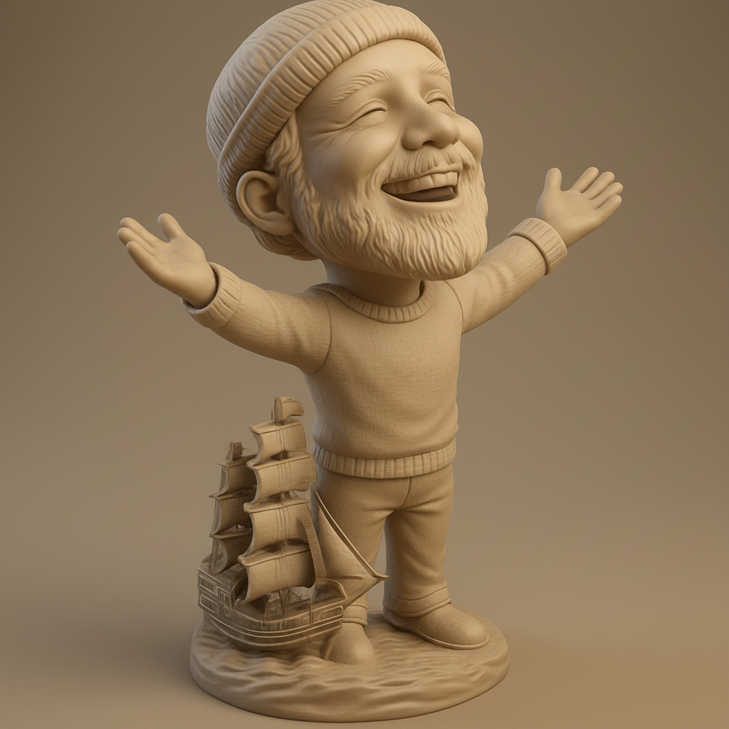 silhouette 3d printer maker-3d portrait printing_Joyful Bearded Seafarer with Ship: Nautical Decor