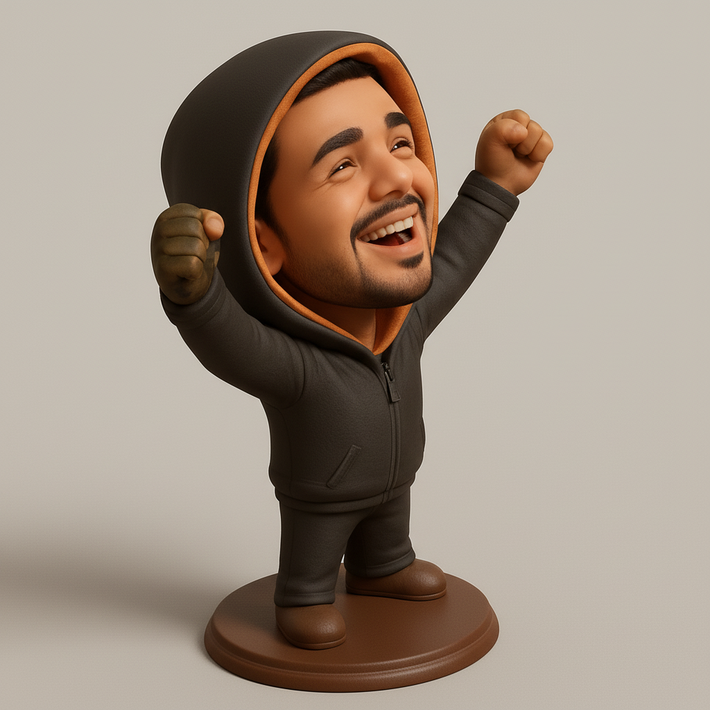 face to 3d model ai-3D portrait printing from photo_Happy Hoodie Hero Figurine - Celebrate Success!
