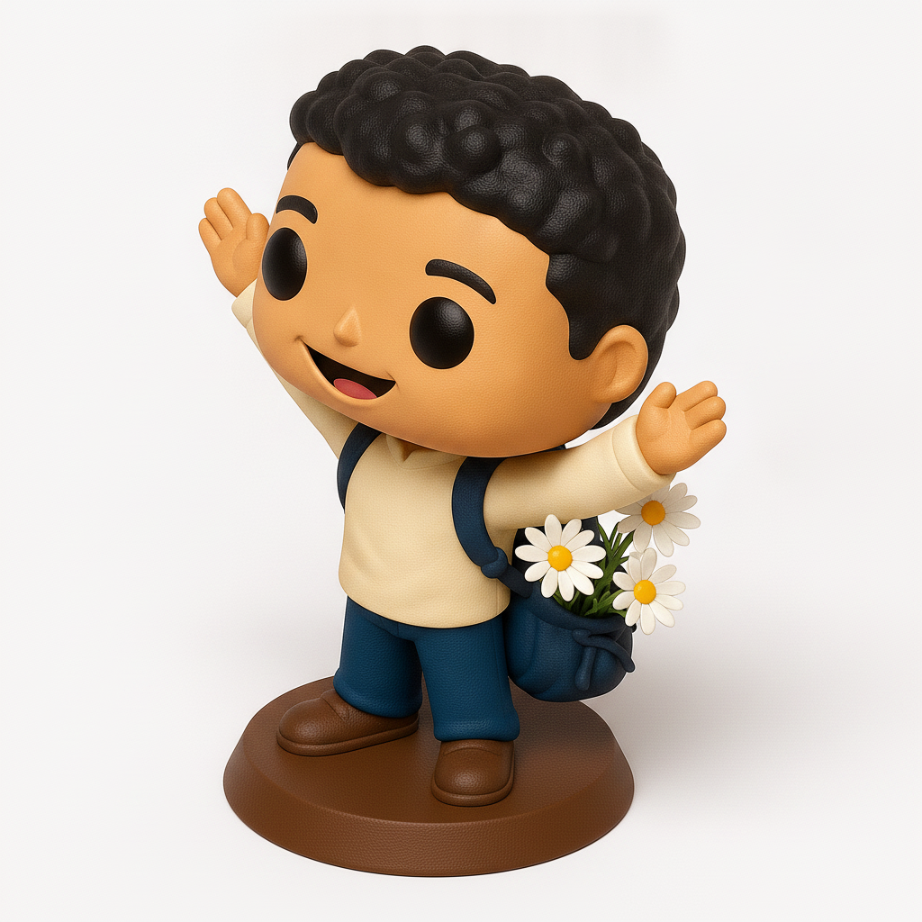 face to 3d model ai-3D portrait printing from photo_Cheerful Student Pop Figurine with Flower Backpack