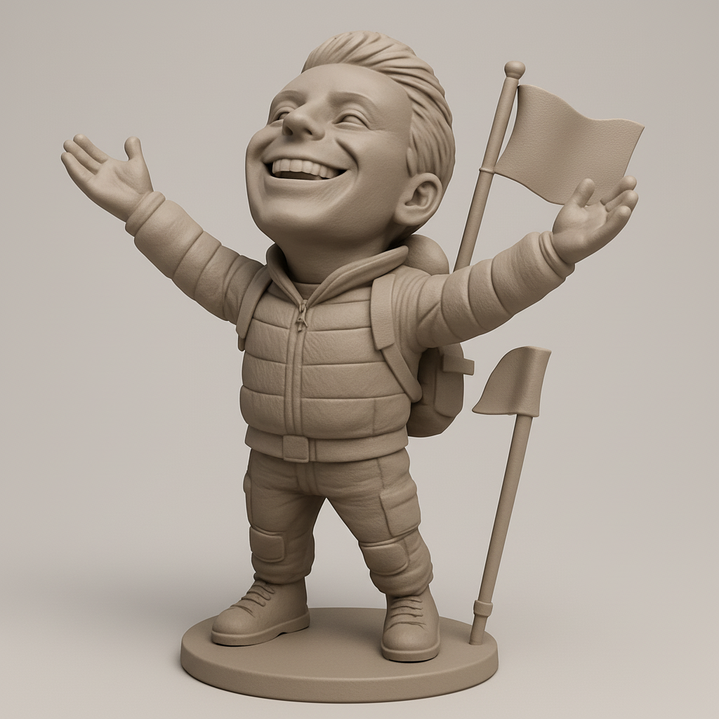 face to 3d model ai-3D portrait printing from photo_Joyful Hiker Bobblehead: Celebrate Your Peak Triumph!