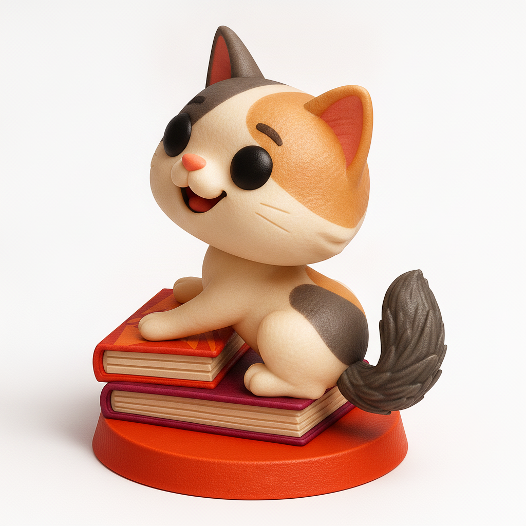 face to 3d model ai-3D portrait printing from photo_Smiling Study Buddy Cat on Books Figurine