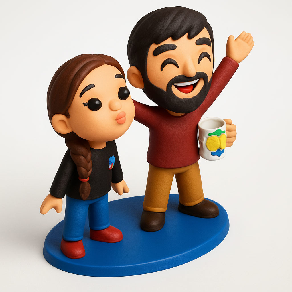 face to 3d model ai-3D portrait printing from photo_Adorable Clay-Style Couple: Waving & Kissing Figurine