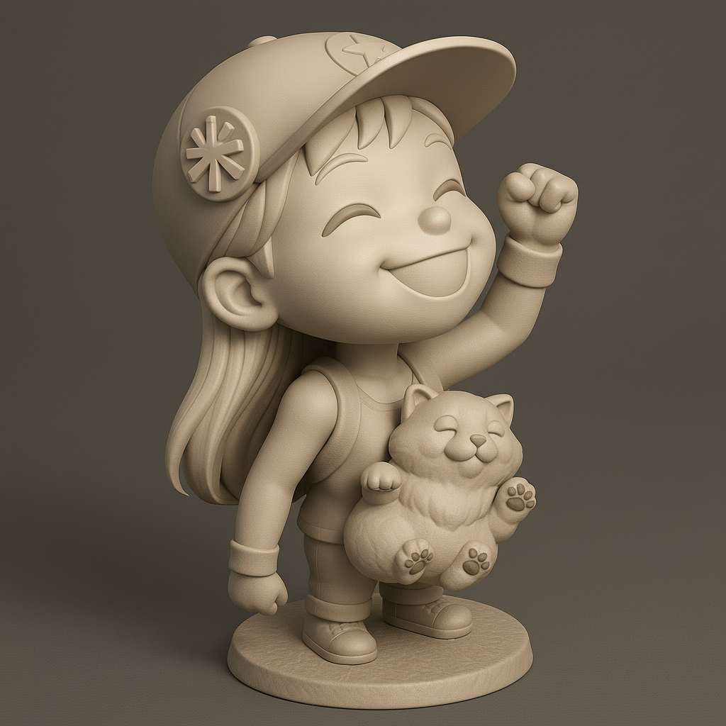 silhouette 3d printer maker-3d portrait printing_Joyful Kid with Plush Cat Companion