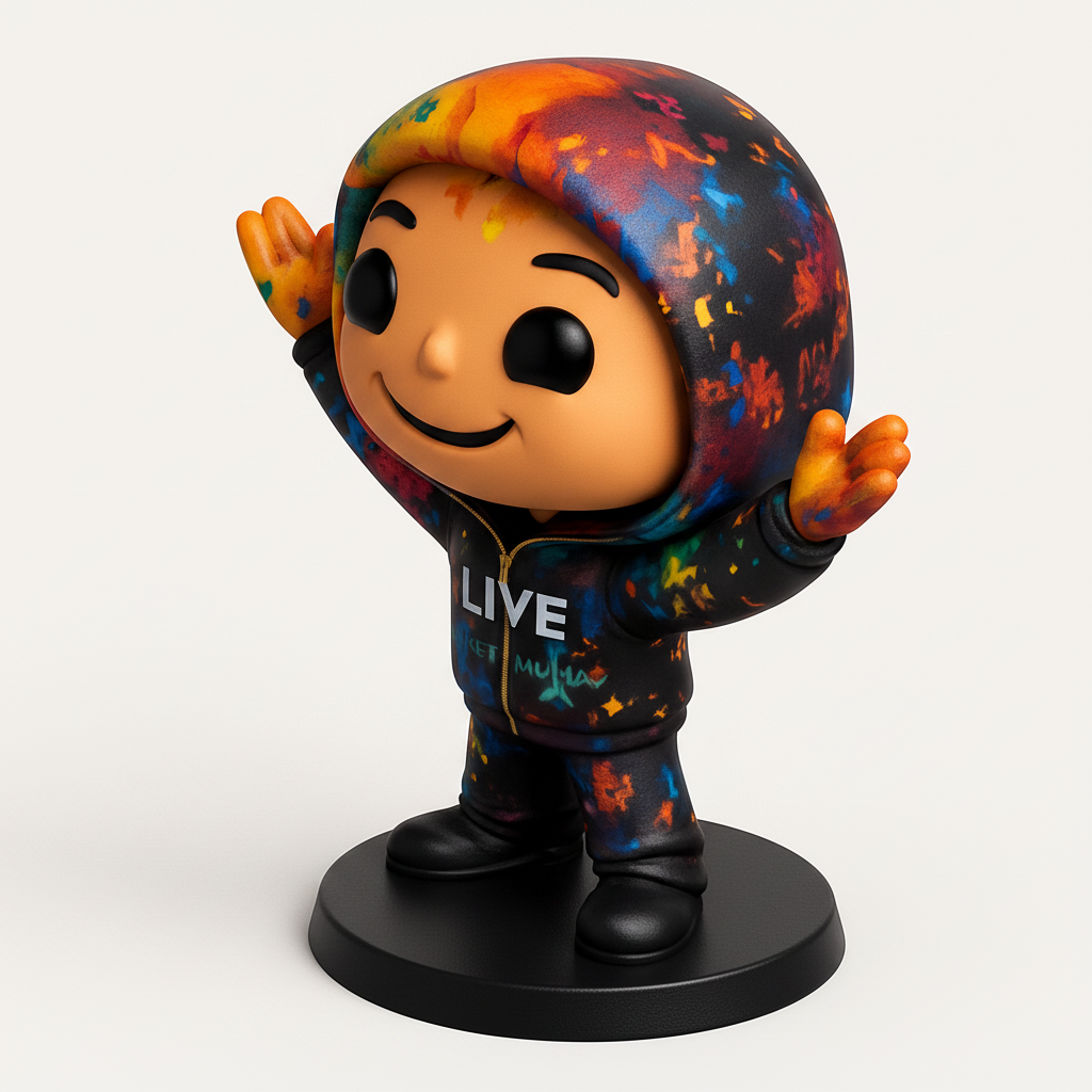 face to 3d model ai-3D portrait printing from photo_Funko-Style Art Enthusiast Figurine - Paint Splatter Hoodie