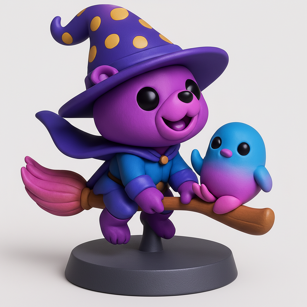 face to 3d model ai-3D portrait printing from photo_Whimsical Witch Bear & Bird Duo Fir Magical Decor