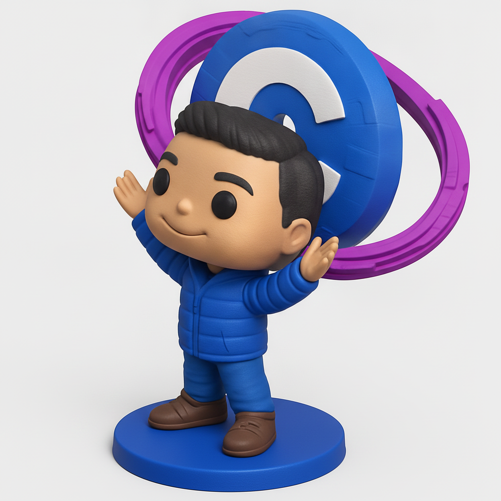 face to 3d model ai-3D portrait printing from photo_Enthusiastic Funko-Style Mascot with Interlocking Rings