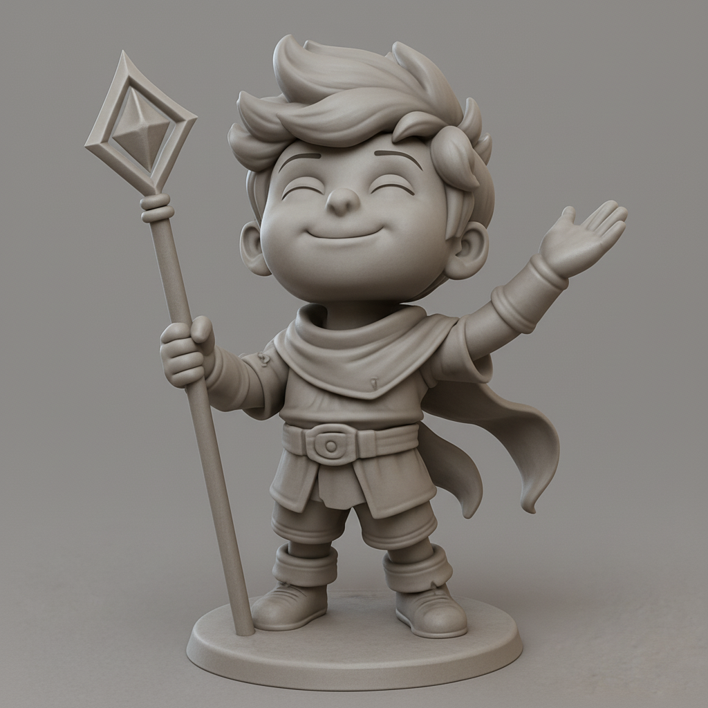 face to 3d model ai-3D portrait printing from photo_Charming Sorcerer Kid with Staff 3D Print